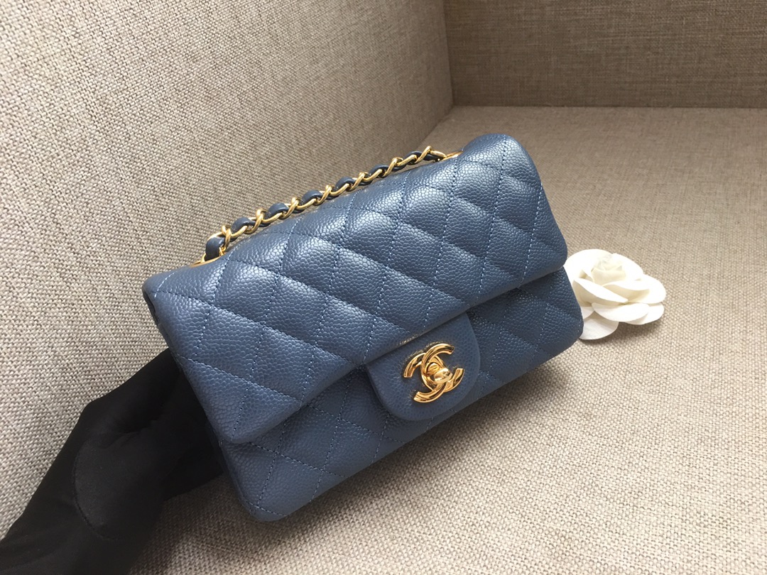 Small Classic Flap Caviar Bag A01116 Dark Blue/Gold